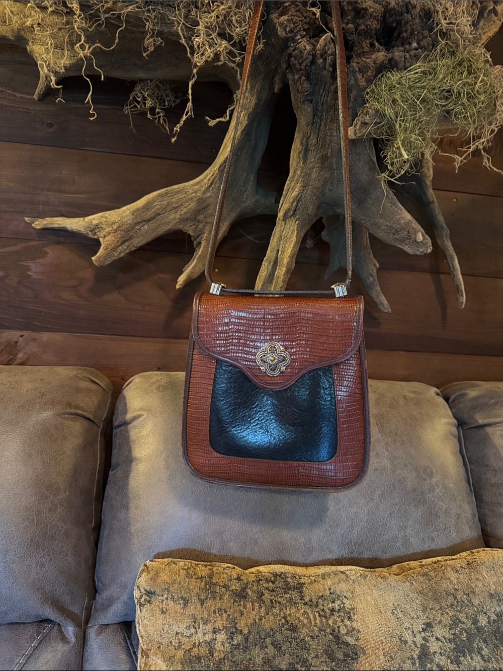 Brighton Brown & Black Croc-Embossed Leather Crossbody